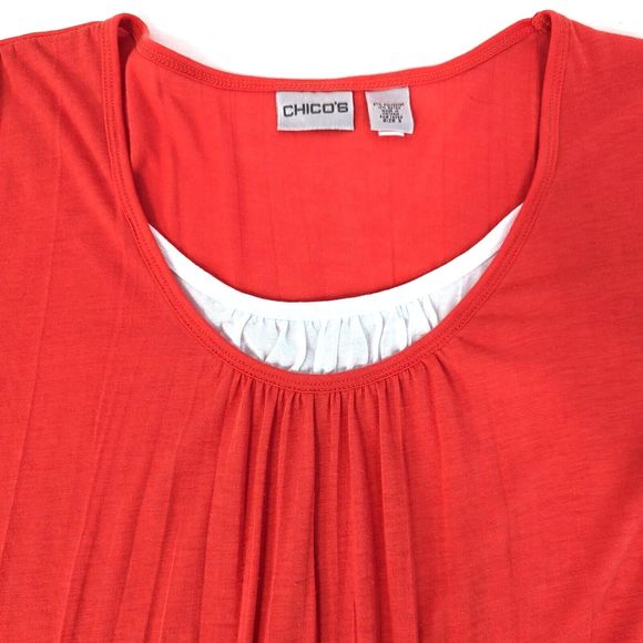 Chicos Womens 2 / Large Coral Orange White Faux Layered 3/4 Sleeve Top Shirt - Picture 3 of 7